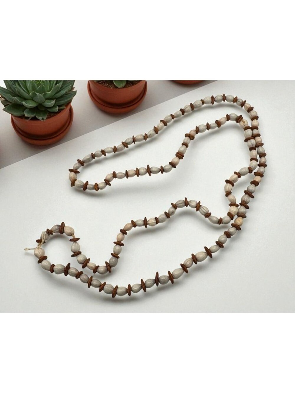 Natural Seed Bead Strand Necklace Brown Cream Long Layering Boho Tribal